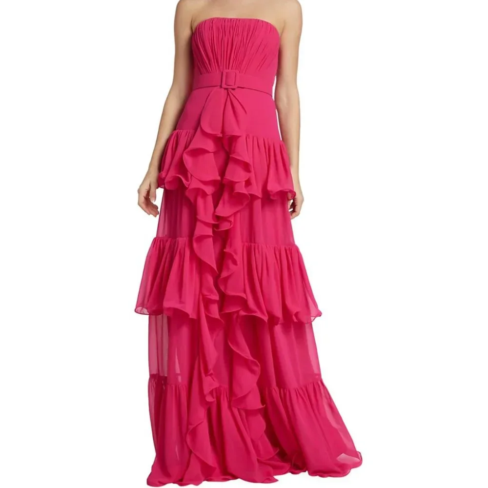 Badgley Mischka Strapless Tiered Ruffle Gown - Pink/Fuschia Size 8 - Picture 3 of 5